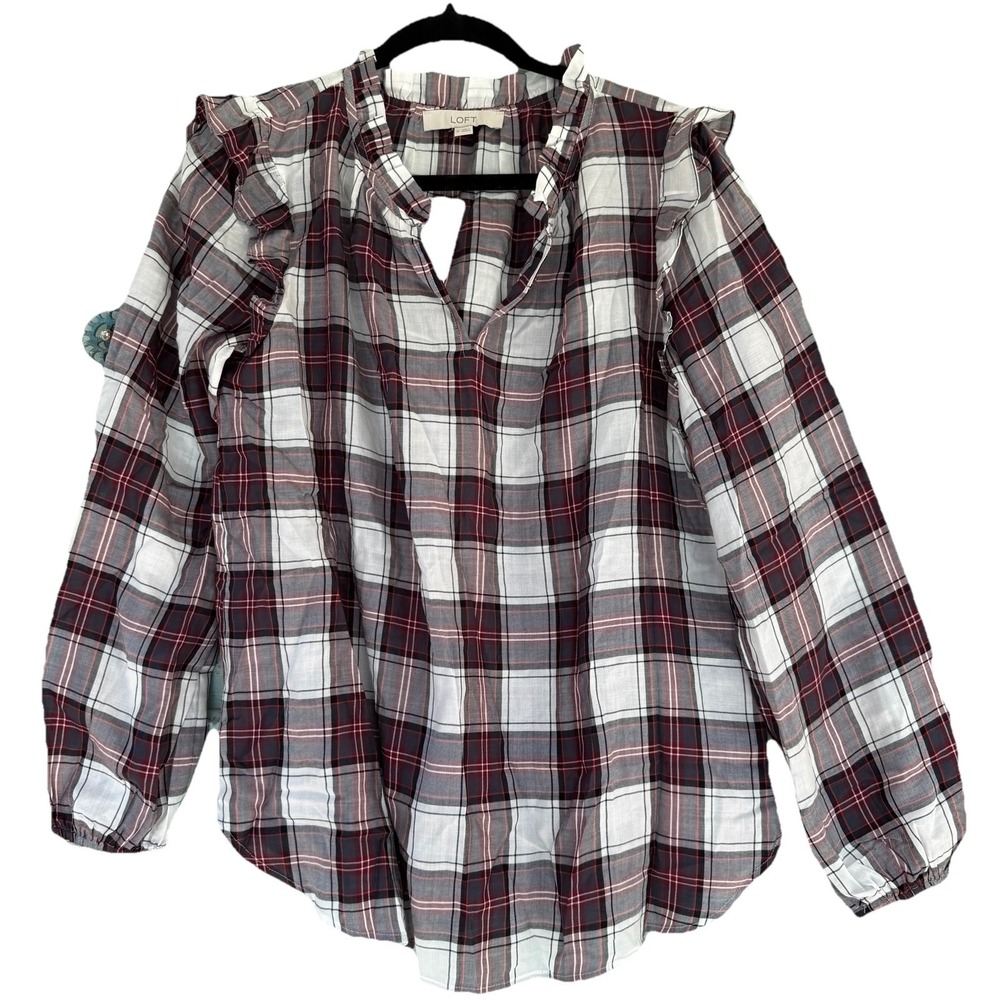 NWT Loft Women's Plaid Blouse Ruffle Accents Pullover Size M Red White Black